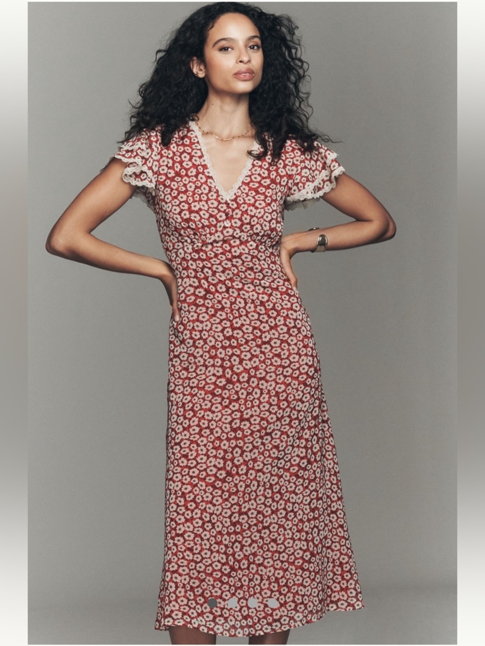 Anthropologie Exquise V-Neck Flutter Sleeve Midi Dress in Ivory/Red Floral Sz XS